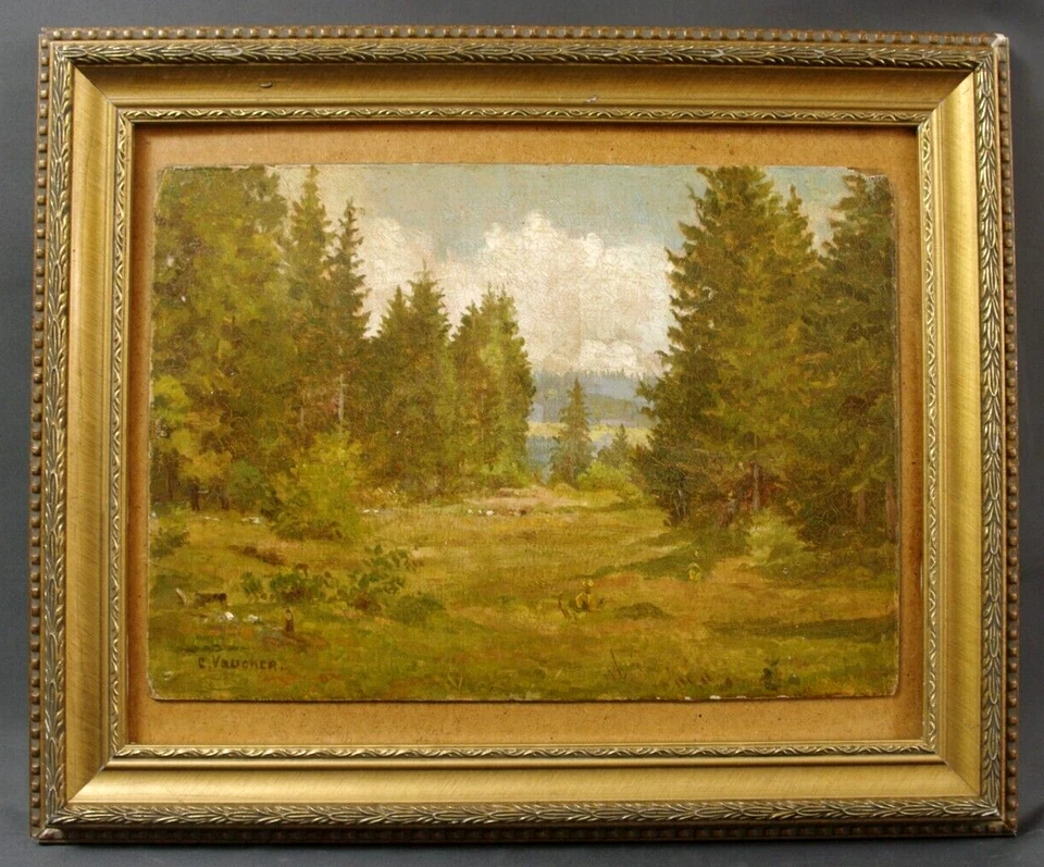Tableau huile sur carton signé C. Vaucher Forêt arbres - Photo 1/1
