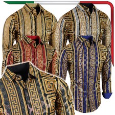 Designer Shirt Italian Stripe Gold Foil Overlay Stretch Men Slim Fit Button Up