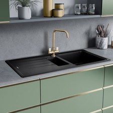 Rangemaster Elements Kitchen Sink 1.5 Bowl Black Granite Inset Reversible Waste
