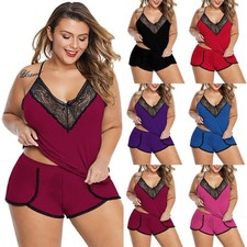 Plus Size Womens Sexy Lace Cami Vest Shorts Lingerie Pyjamas Set PJs Nightwear