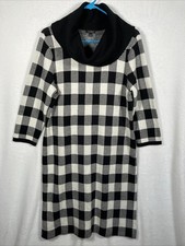 Talbots Plaid Sweater Dress Cowl Neck Size Large Black White Knit Cashmere Blend