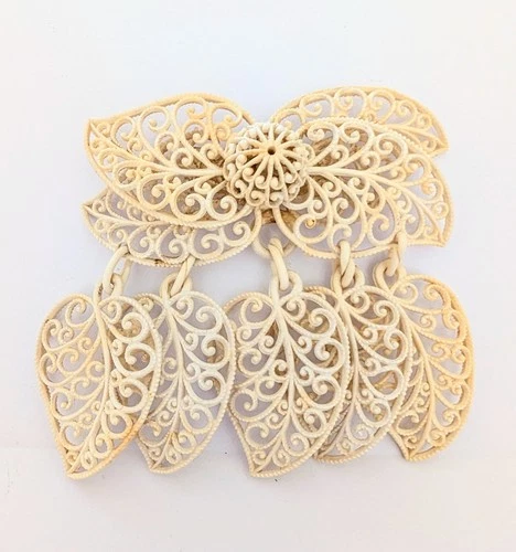 Vintage Filigree Leaf Celluloid Dangle Pin Brooch Floral 1940s Costume Jewelry