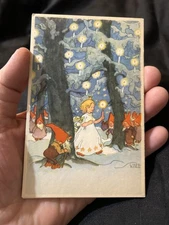 Vintage Postcard God Jul Elf Gnome Sweeden Christmas Candle Lit Forest Girl