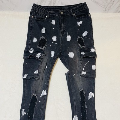ROCKSTAR ORIGINAL W29xL44 Ultra Slim Black Distressed Splattered Denim Jeans