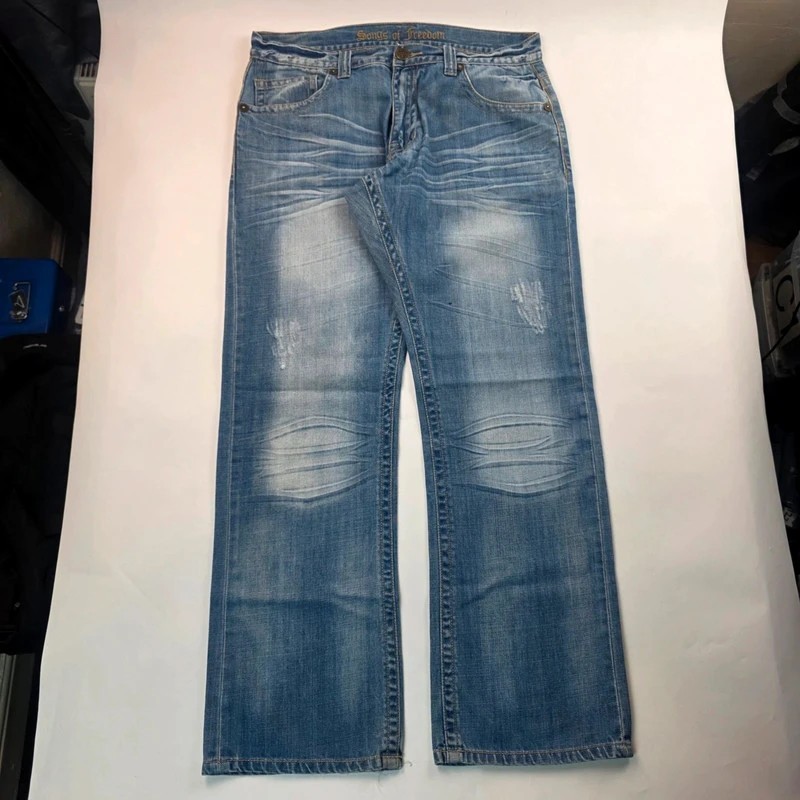 2749 Songs Of Freedom Y2K Straight Jeans Blue W36 L32 Streetwear Skater Hiphop image 5