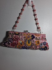 La Regale Beaded Evening Clutch Pink With Floral Design, Kiss-lock Closure...