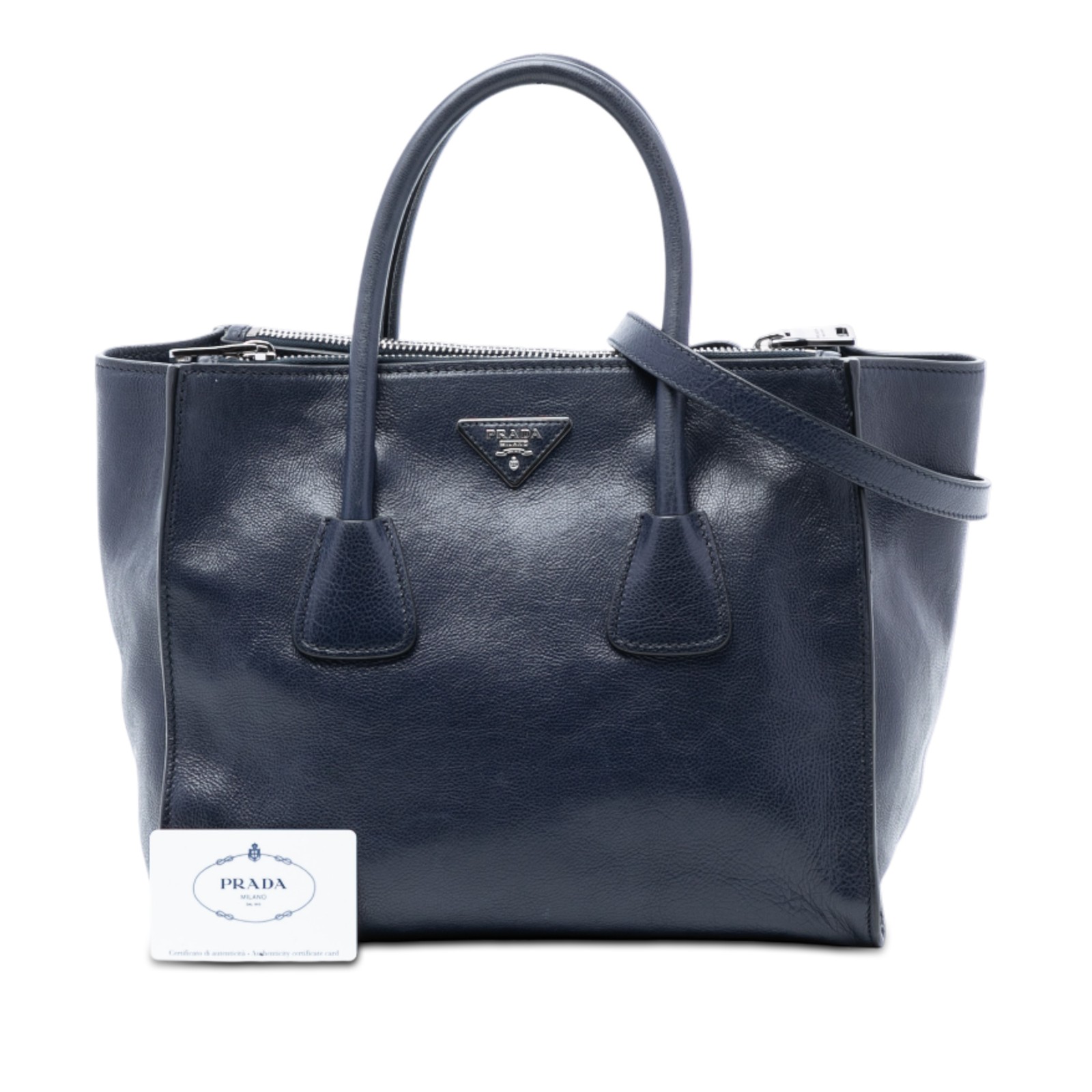 Authenticated Prada Glace Calf Twin Pocket Double Handle Navy Leather Satchel thumbnail 7