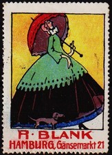 vintage niemiecki plakat znaczek R.Blank, Hamburg, parasol, pies kiełbasa, jamnik/0422