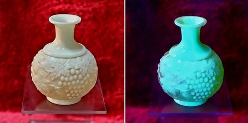 Vintage Imperial Glass Grape Uranium Milk Glass Vase - 1950s Loganberry UV Glow