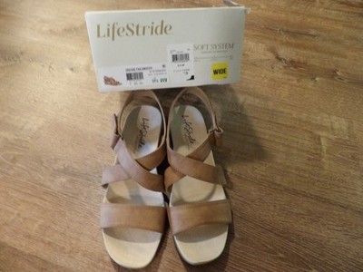 LifeStride Womans 9.5W Brn Hook/Loop Back Strap Open Toe/Back Cork Heels Sandals