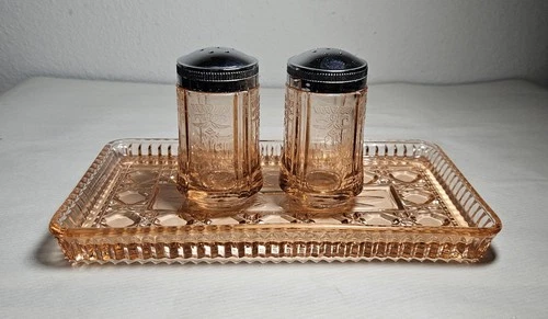 Depression Pink Indiana Glass Salt and Pepper Shakers & Peach Ballad Server