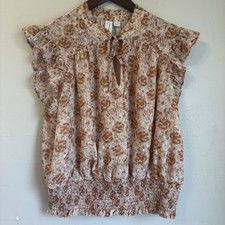 Joie Brown Floral Metallic Ruffle Smocked Waist Blouse Top Size XL