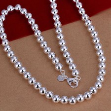 Collar de cadena de bola de cuentas lisas de plata de ley 925 para mujer y hombre