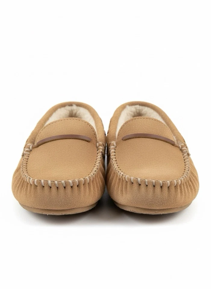 Minnetonka 棕褐色皮革莫卡辛拖鞋人造毛皮衬里女式 10 码 — 第 2/4 张图片