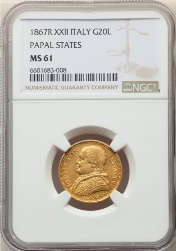 ITALY PAPAL STATES  1867 XXII 20 LIRE GOLD COIN, UNCIRCULATED NGC CERTIFIED MS61