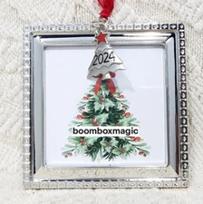 2024 CHRISTMAS TREE ORNAMENT PHOTO PICTURE SILVER CHROME SQUARE W/TREE CHARM