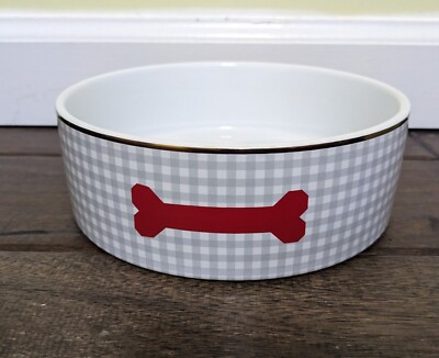 Wit Delight Ceramic Pet Bowl Gray Gingham Red Dog Bone Gold