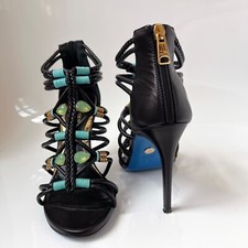 $895 LORIBLU 39.5IT Black Leather Turquoise C...