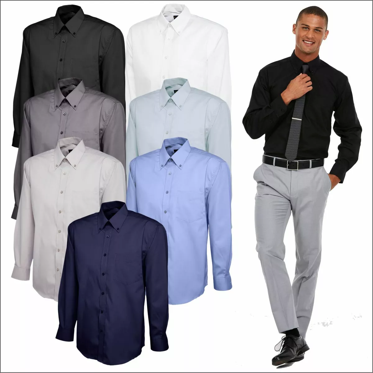 Uneek Men's Pinpoint Oxford Full Long Sleeve Shirt Formal Dress Office Work  Wear