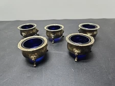 5 X Vintage WB Mfg Co Silver Plate & Cobalt Blue Glass Salt Cellars