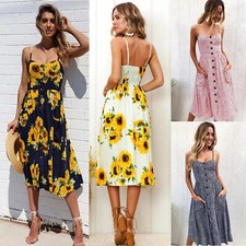 BOHO Womens Strappy Sun Dresses Summer Beach Midi Dress Plus Size 6-22 Holiday