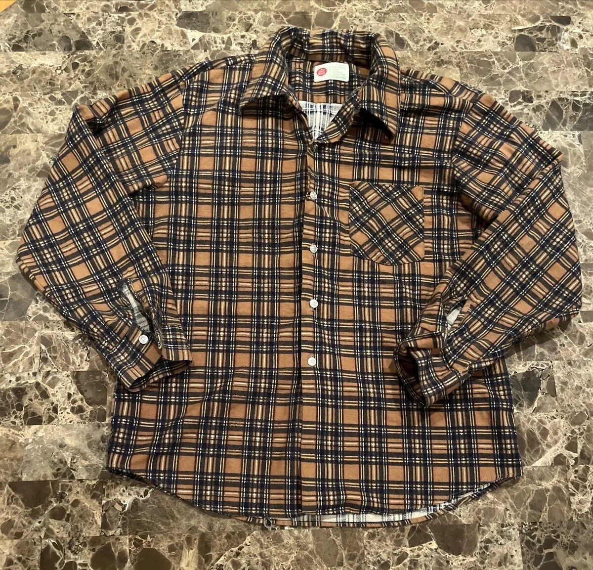 VTG Sears Perma Priest Collar Orange Plaid Shirt Perma Prest 70s L PRISTINE HTF