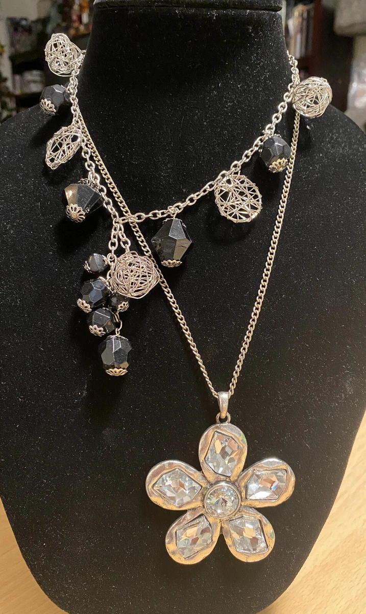 VCLM Necklace Lot Silver Tone Chains W Flower Gem Pendants