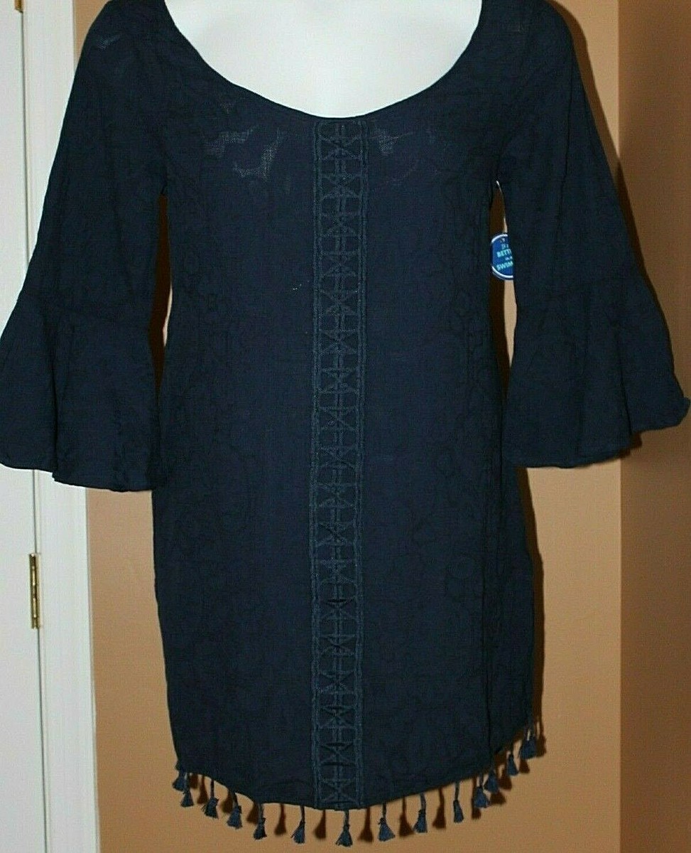 Swimsuits for All Navy Blue Beach Cover Up Bell Sleeves Tassels