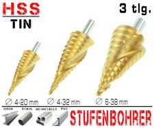 3 x HSS TIN Stufenbohrer Schälbohrer Ø 4-20, 4-32, 6-38 mm Konus Kegel Bohrer XT