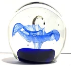 Vintage Murano Style Blue Flower Studio Art Glass Paperweight Suspended Bubbles