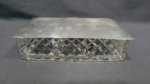 Vintage STERLING SILVER LID & GLASS DRESSER BOX, 6 5/8" x 3 3/4" - Picture 1 of 11