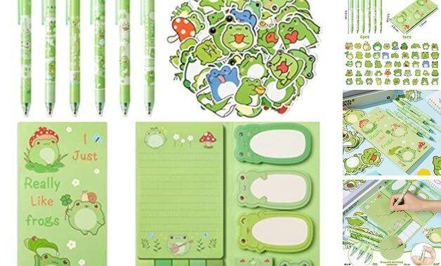 57Pcs Sticky Notes with Pen Stickers Stationery Set 0.5mm Black Gel Frog-image