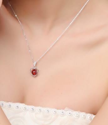 Stamped 925 Sterling Silver Red CZ Heart Pendant Necklace 18