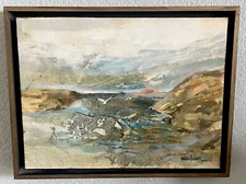 Marsh Nelson Vintage Original Abstract Painting Seascape Shore With Birds