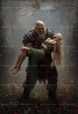 FANTASY ORC WARRIOR CARRYING ELF WOMAN ART PRINT, Dark Romance Wall Decor Poster