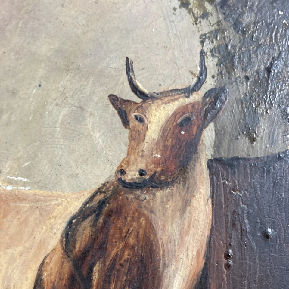 Antigua pintura al óleo original arte popular paisaje bosque ganado ovejas ganado Foto 4 de 4