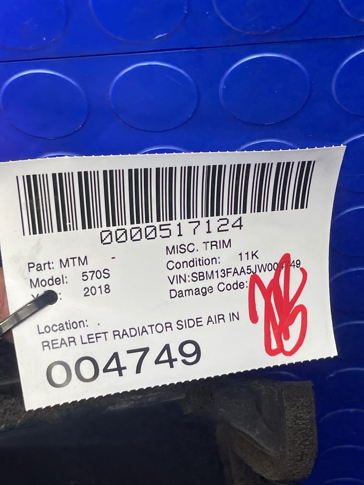 2016-2021 MCLAREN 570S REAR LEFT RADIATOR SIDE AIR INLET DUCT PANEL 13A6240CP