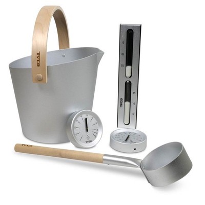Tylö Saunazubehör-SET in Silver Grey 5-teilig mit Saunakelle Sanduhr Hygrometer