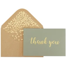 Thank You Cards - Blank 50 Pack Sage Green Matte Finish Cards with Gold Foile...