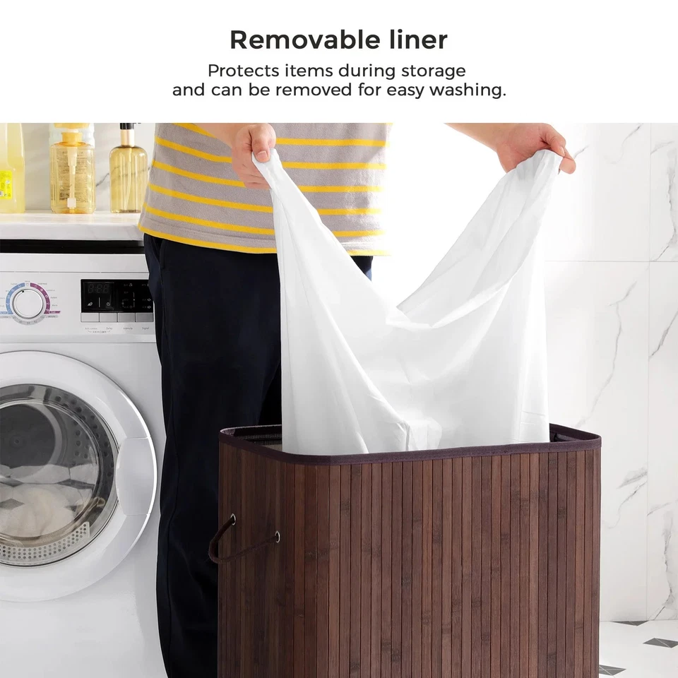 100L Large Bamboo Laundry Hamper, Clothes Storage Organiser Bag with Lid Brown - Image 3 of 4