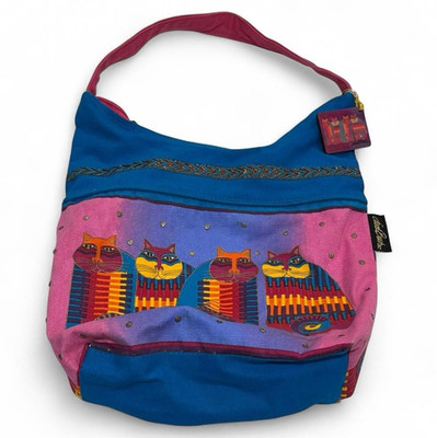 Laurel Burch Cat Tote Bag Canvas Shoulder Purse Colorful Art Cats
