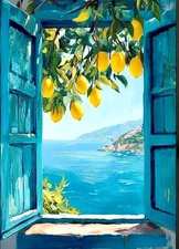 Italian Coast View Out Window Lemon Tree Coastal Mediterranean Art Print New