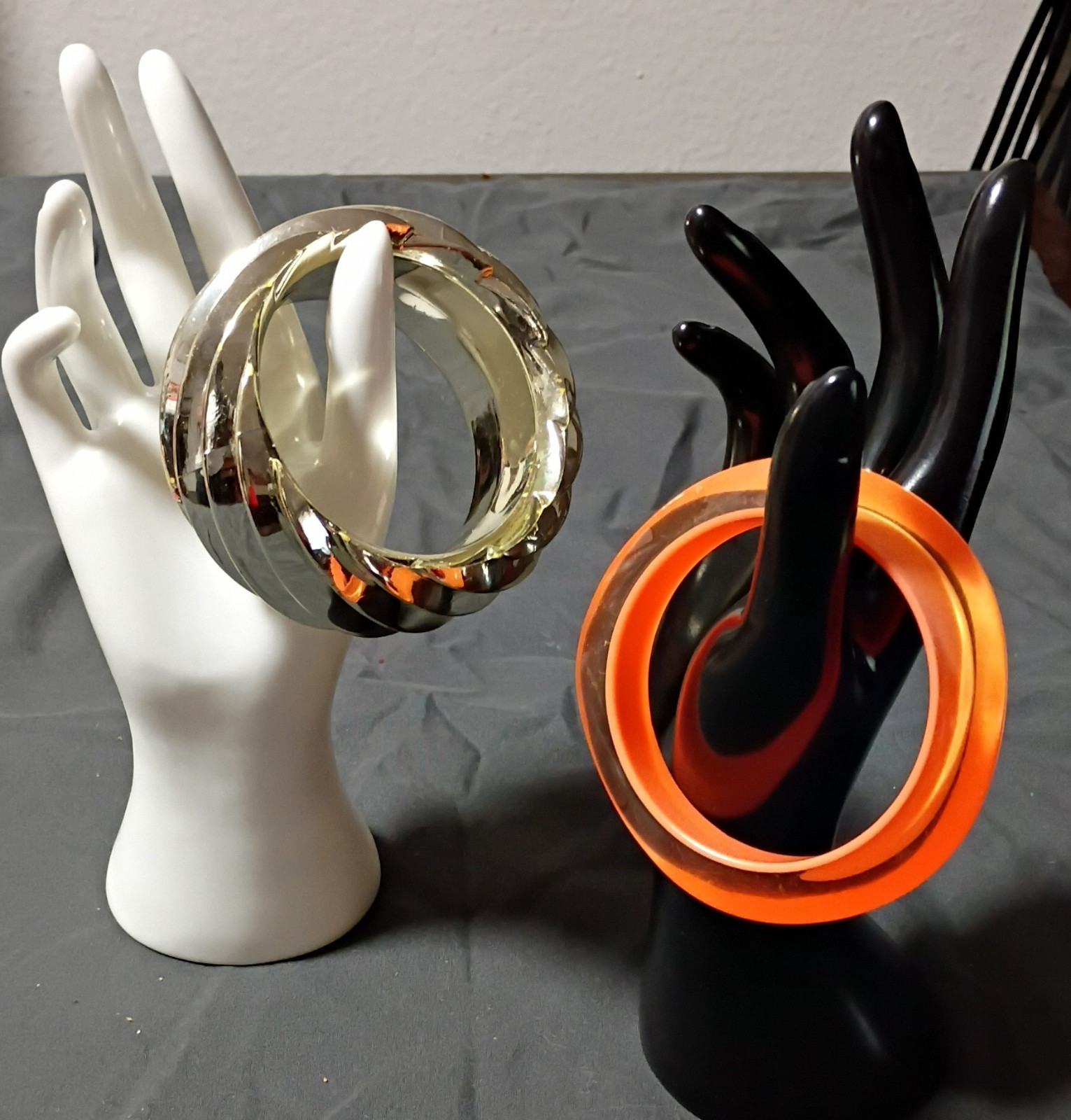 Silver and Orange Plastic Bangle Bracelet Set, Round, No Stone