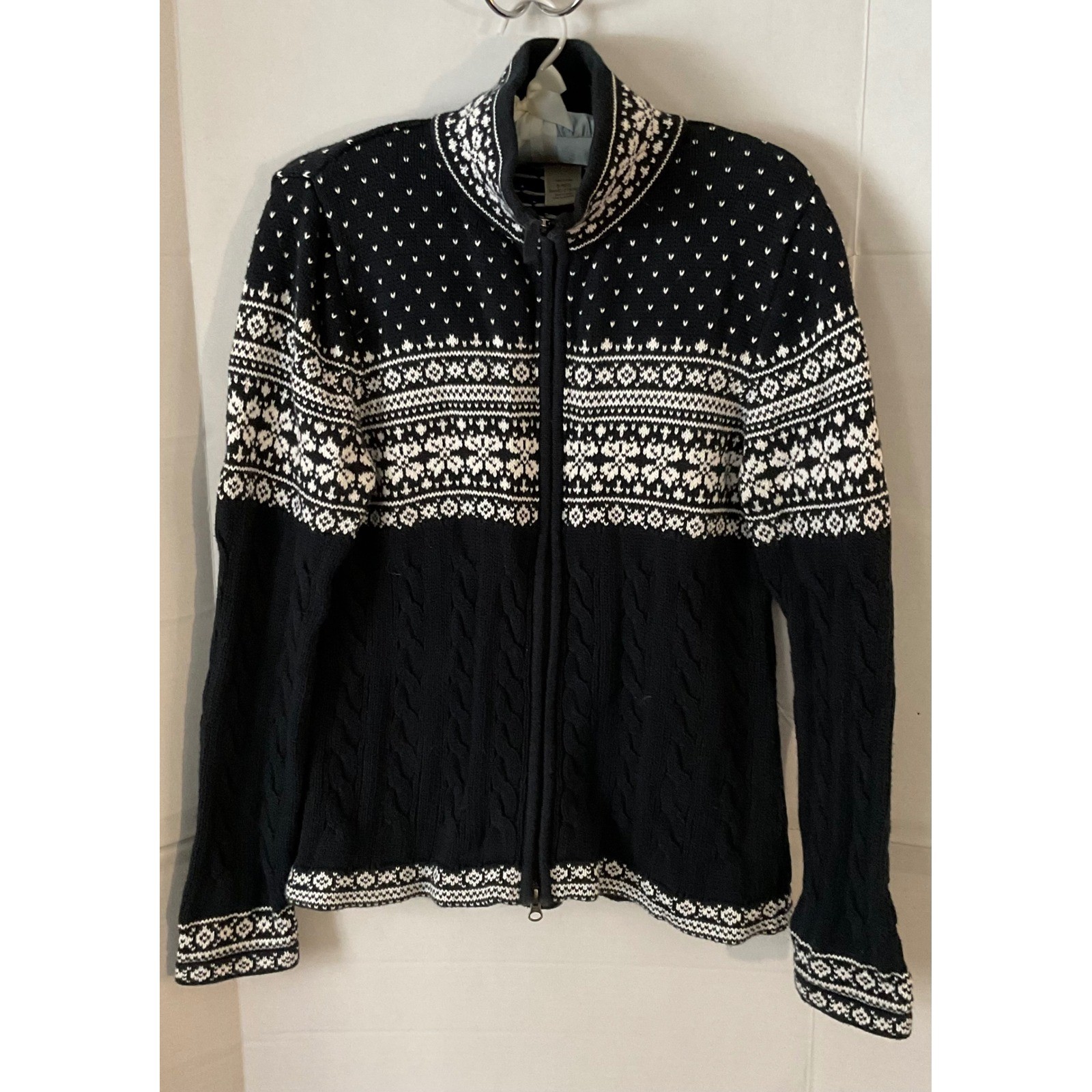 L.L.Bean Women's Black White Fair Isle Knit Full Zip Sweater Jacket Size S Reg
