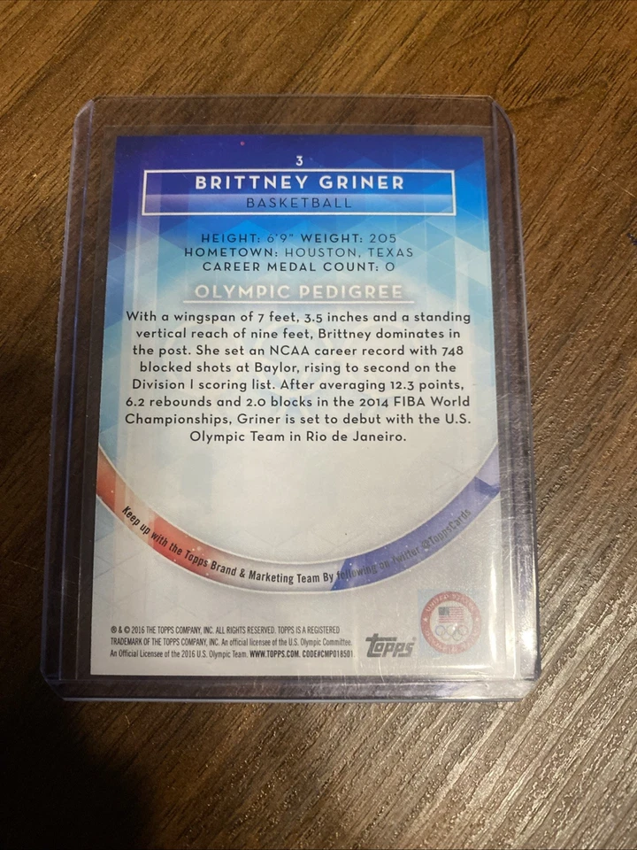 2016 Topps USA Olympics Hopefuls Team Brittney Griner Card, Women Basketball #3 - Image 2 of 2