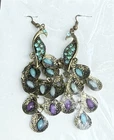 Vintage Handmade Multicolor Peacock Earrings Dangle Drop 3” Costume Jewelry