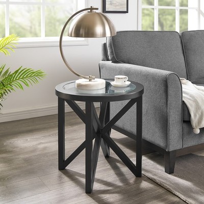 Modern Glass Coffee Table - Tempered Round Top, Solid Wood Base
