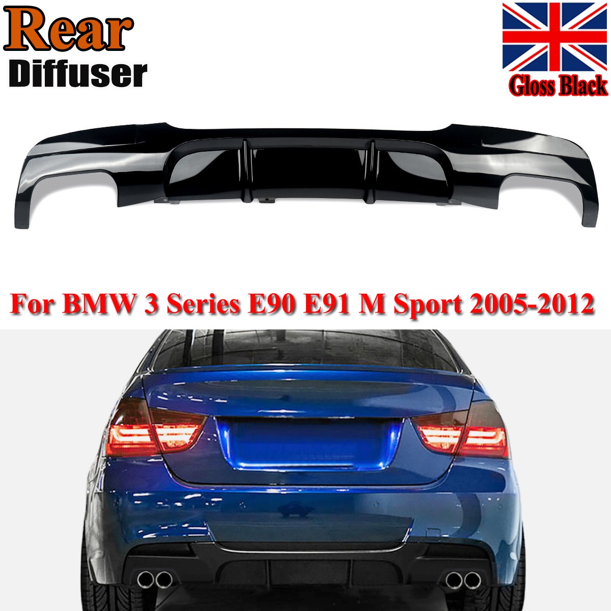 Rear Bumper Diffuser Gloss Black for BMW 3 Series E90 E91 2005-2012 with M Sport