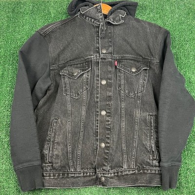 Levi's Men's Black Hooded Trucker Jacket M Cotton Blend Denim Red Tab Hybrid