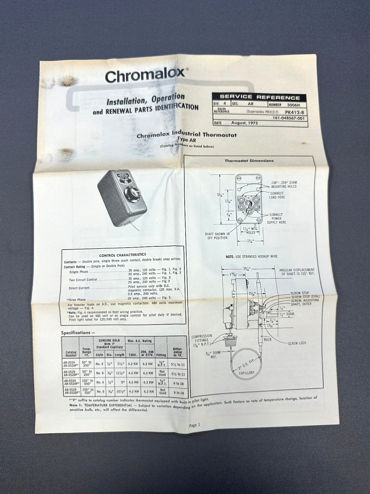 CHROMALOX TEMP TEMPERATURE CONTROL AR-2524 THERMOSTAT 250 VAC 25A OPEN BOX